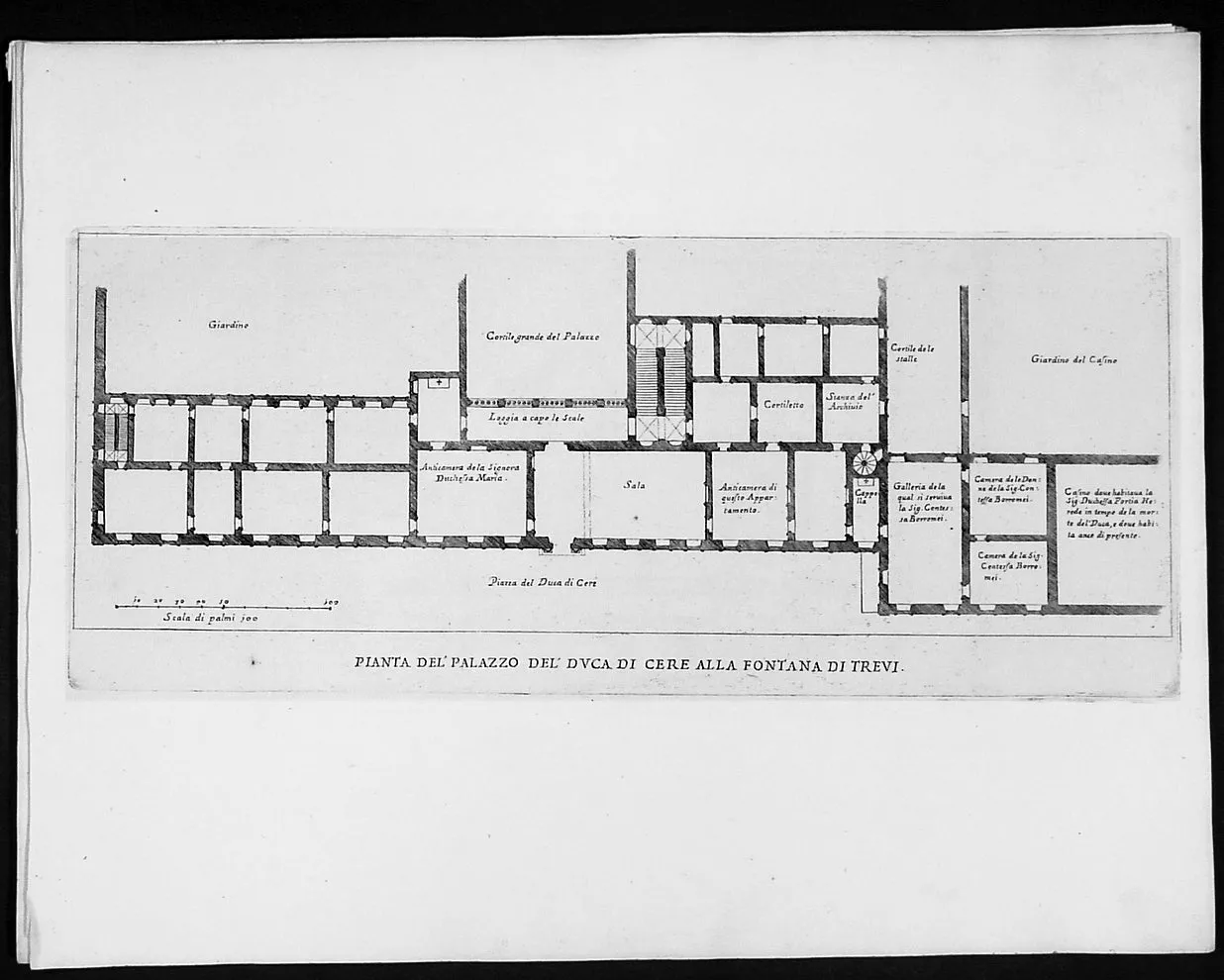 1665 De Rossi Original Antique Architectural Plan, Print of Poli Palace, Trevi Rome, Italy