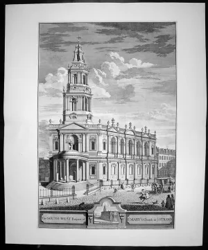 1724 Johannes Kip Large Antique Print of St Marys Church, The Strand, London