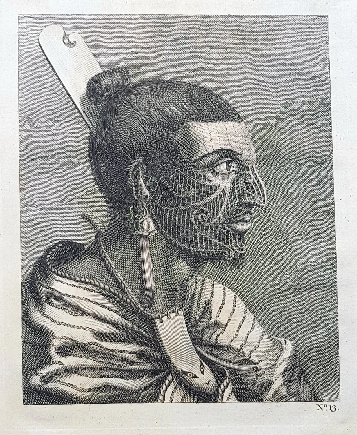 1773 Cook Original 1st Ed. Antique Print of a Tattooed New Zealand Maori Warrior