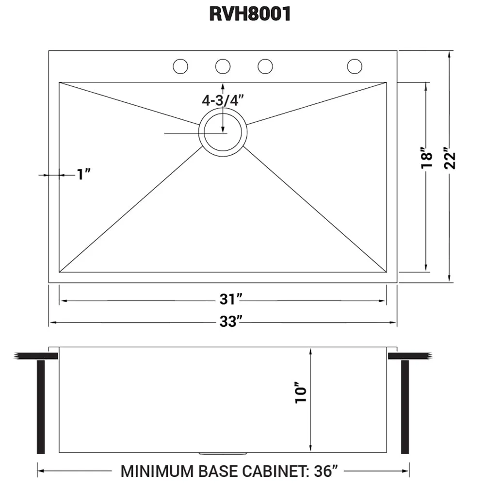 33 x 22 Drop-in Topmount 16 Gauge Zero Radius Stainless Steel Kitchen Sink Single Bowl