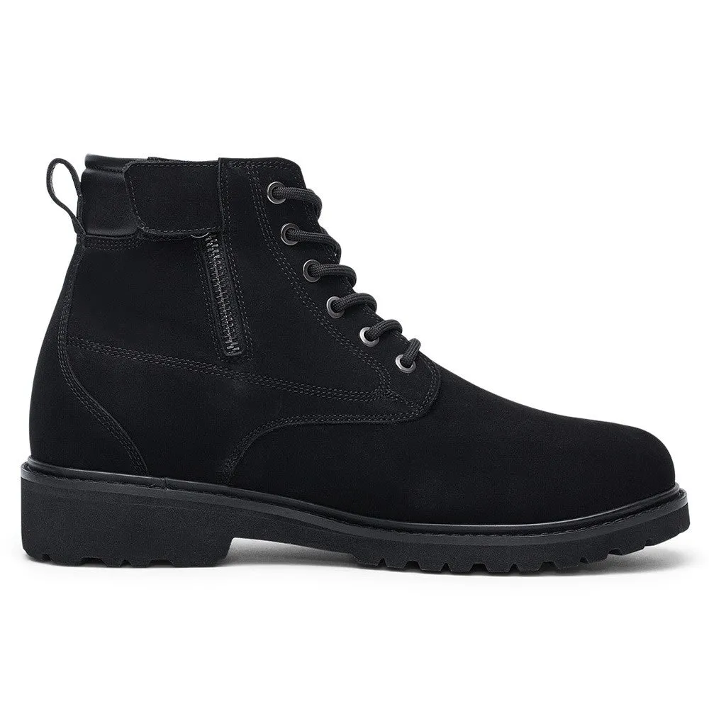 7CM / 2.76 Inches Men's CMR CHAMARIPA Elevator Boots - Black Nubuck Leather High Heel Boots