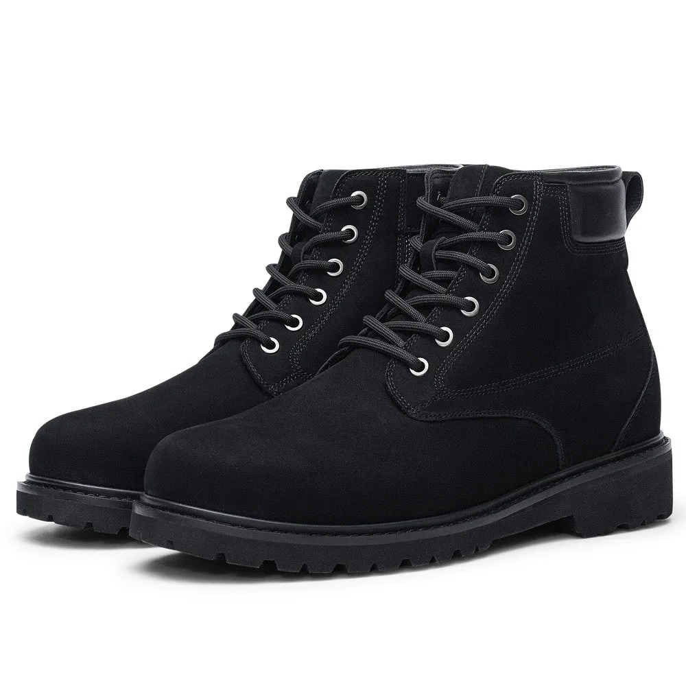 7CM / 2.76 Inches Men's CMR CHAMARIPA Elevator Boots - Black Nubuck Leather High Heel Boots