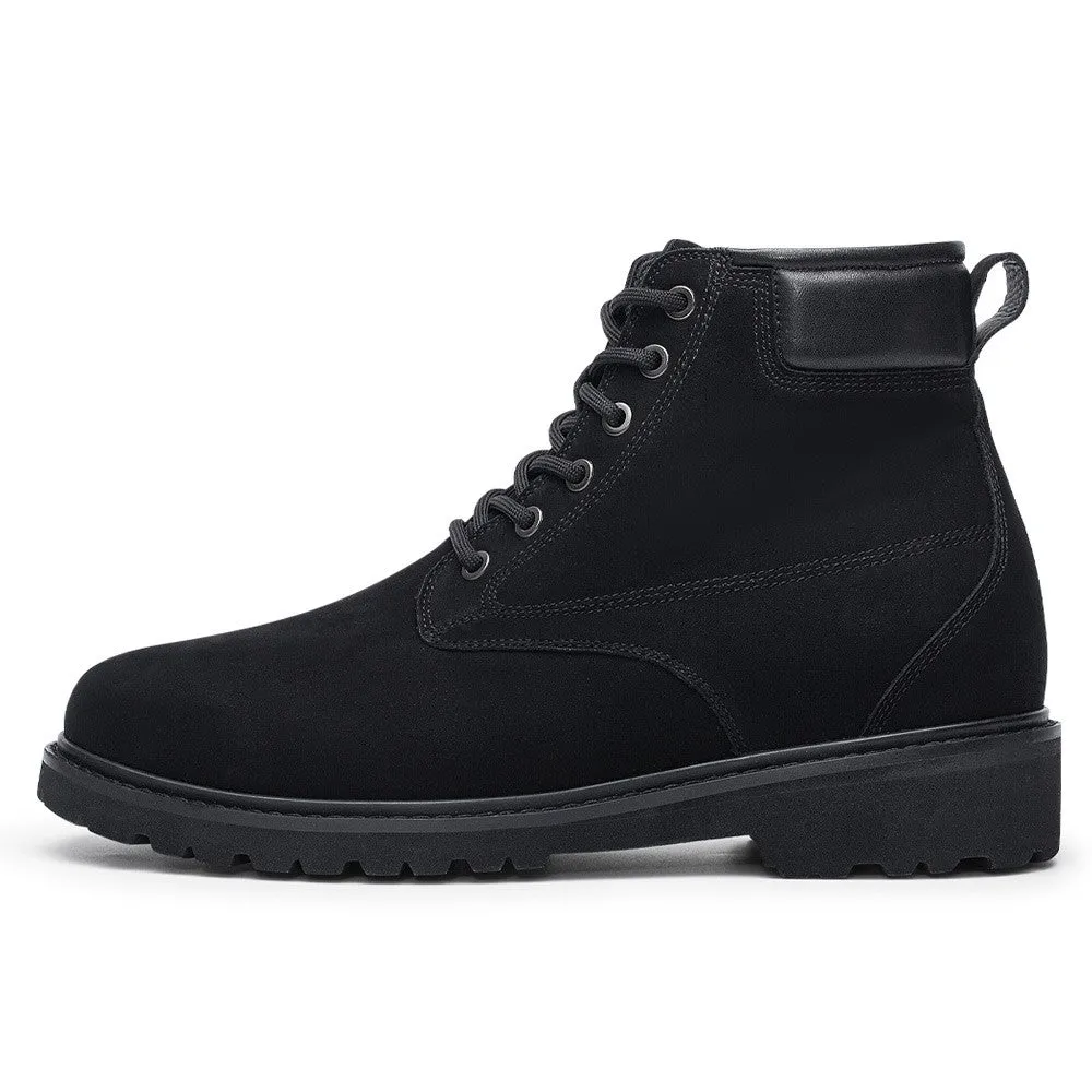 7CM / 2.76 Inches Men's CMR CHAMARIPA Elevator Boots - Black Nubuck Leather High Heel Boots