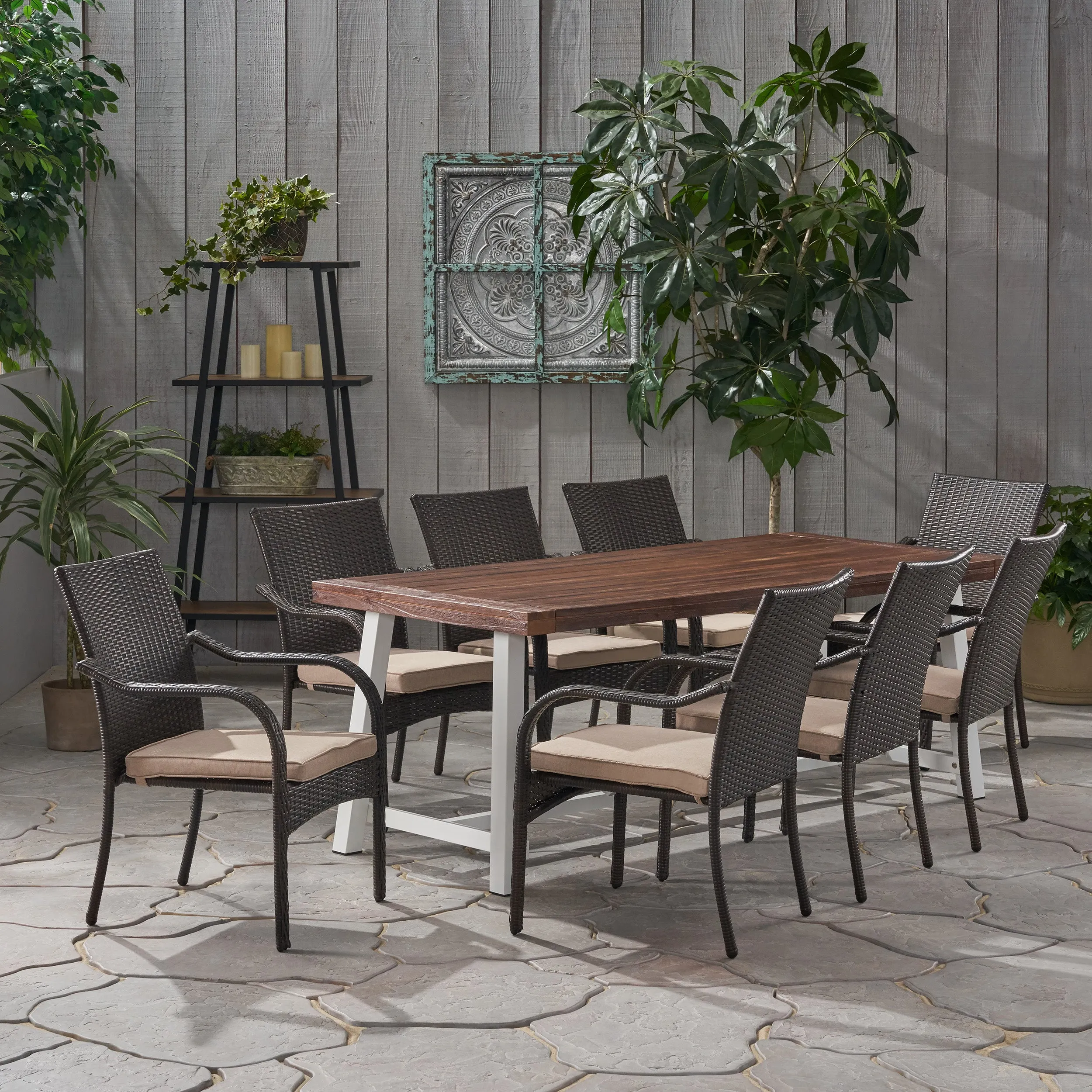 Addilynn Outdoor Wood and Wicker 8 Seater Dining Set