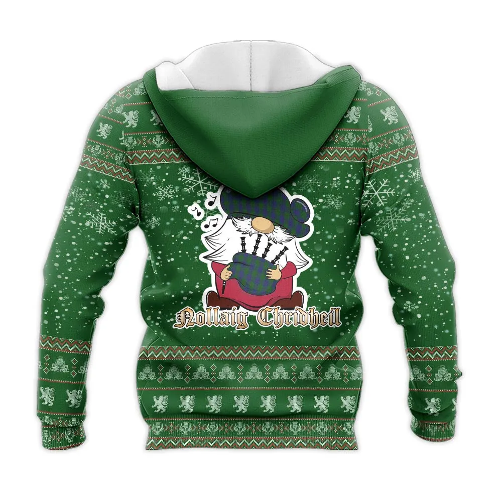 Barclay Clan Christmas Knitted Hoodie with Funny Gnome Playing Bagpipes