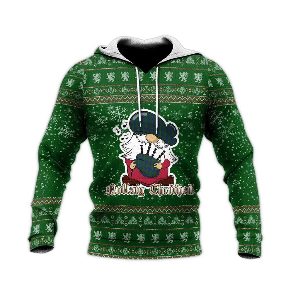 Barclay Clan Christmas Knitted Hoodie with Funny Gnome Playing Bagpipes