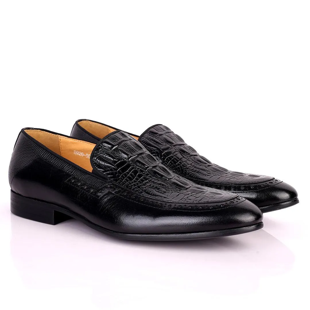 Berlut Croc And SIde Perforated Exquisite Designed Shoe - Black