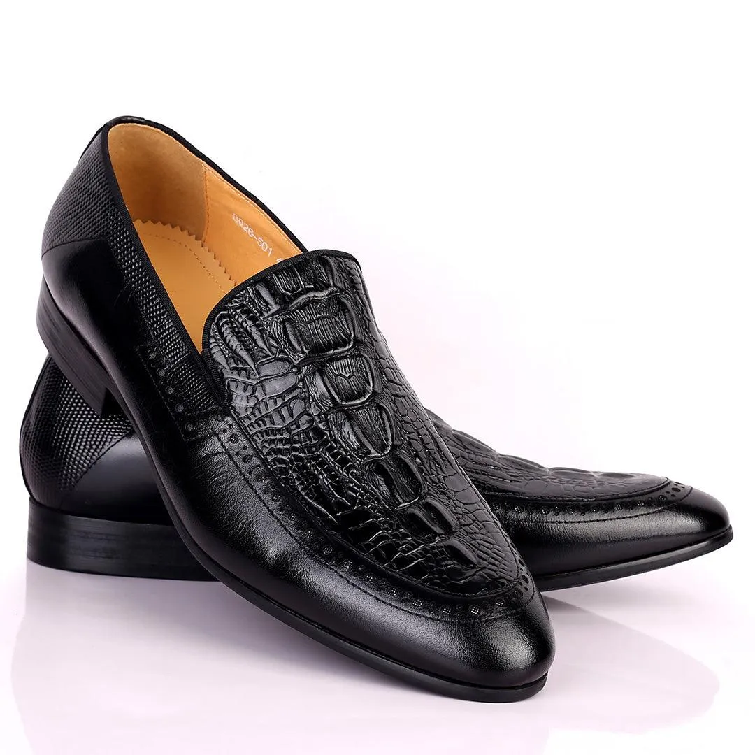 Berlut Croc And SIde Perforated Exquisite Designed Shoe - Black