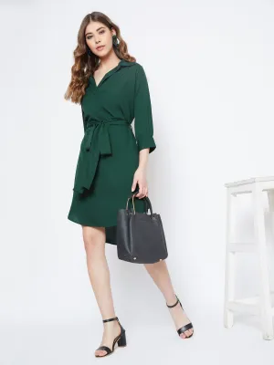 Berrylush Women Solid Green Shirt Collor Curved Mini Dress