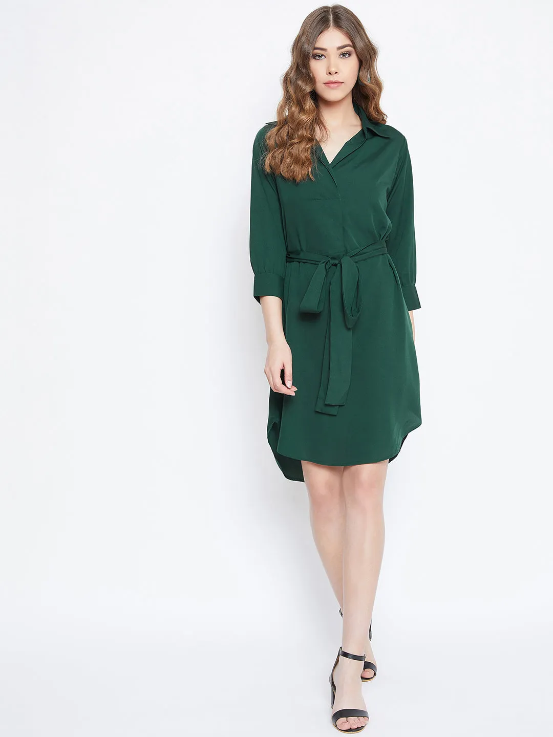 Berrylush Women Solid Green Shirt Collor Curved Mini Dress