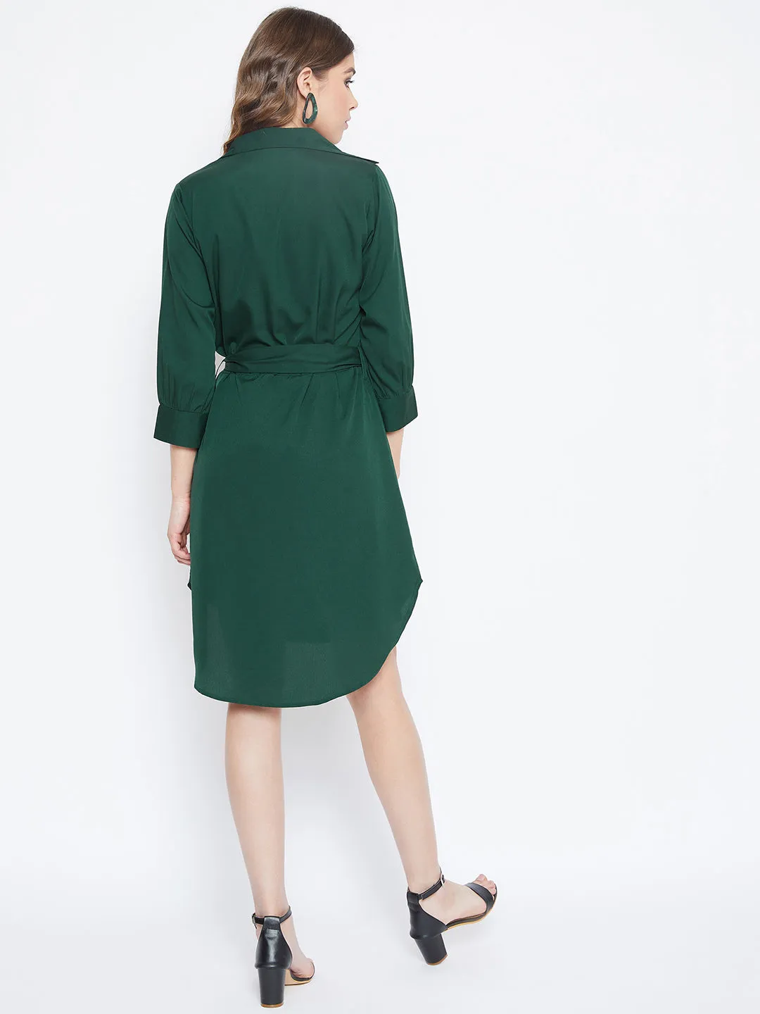 Berrylush Women Solid Green Shirt Collor Curved Mini Dress