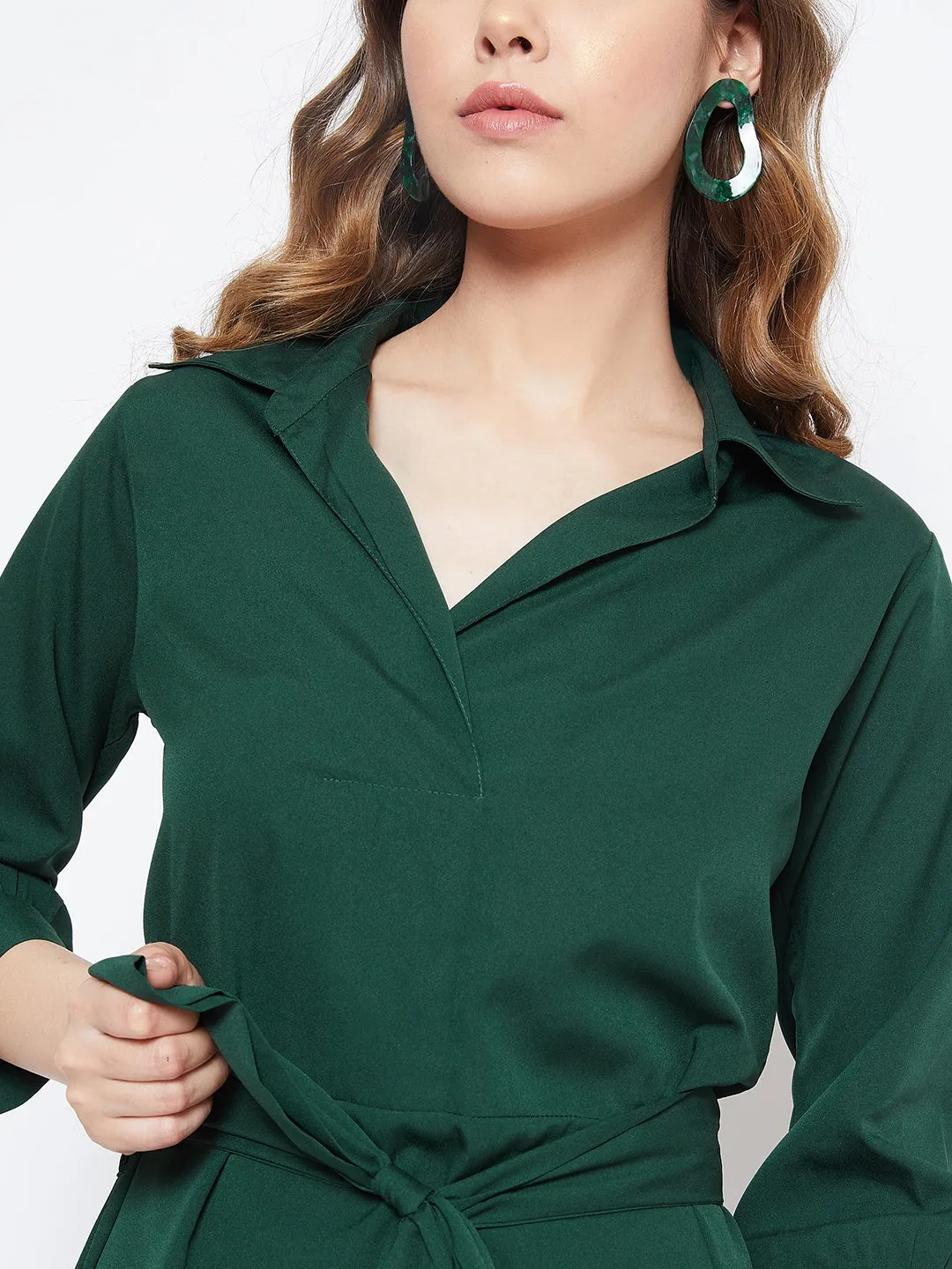 Berrylush Women Solid Green Shirt Collor Curved Mini Dress