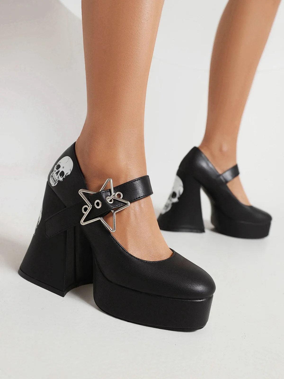 Black Skull Buckle Strap Platform Chunky Shoes