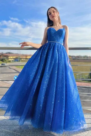 Blue A-Line Tulle Long Prom Dress Sparkly Formal Evening Dresses PSK394