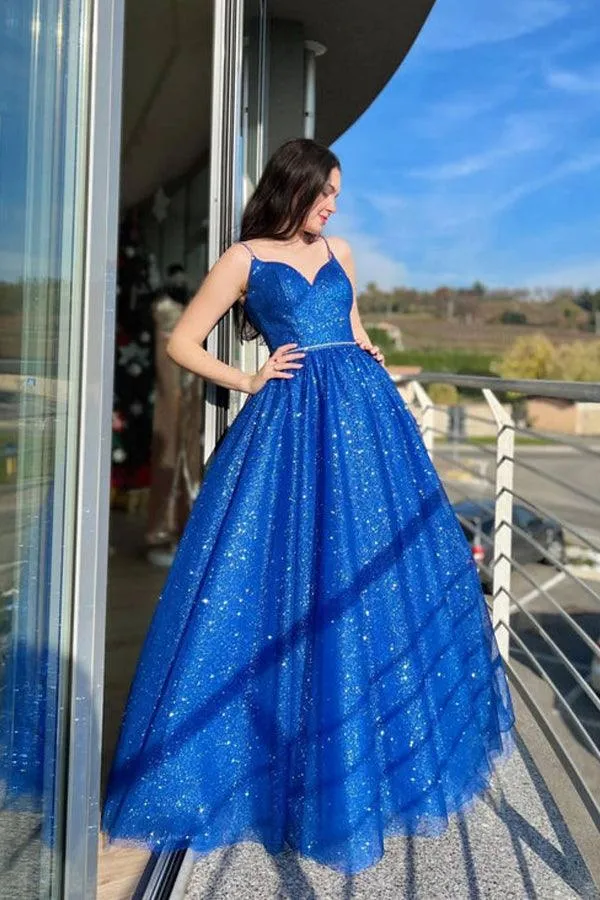 Blue A-Line Tulle Long Prom Dress Sparkly Formal Evening Dresses PSK394