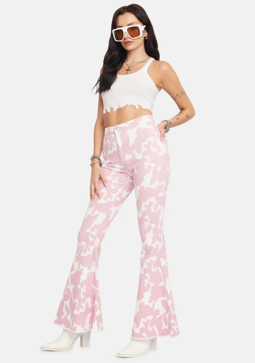 Blush Causal Cow Print Bell Bottom Pants