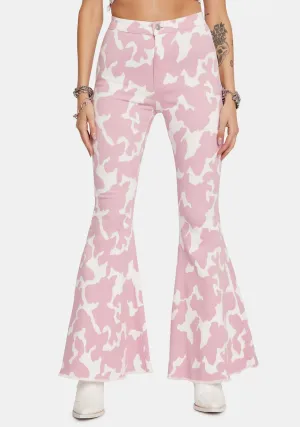 Blush Causal Cow Print Bell Bottom Pants