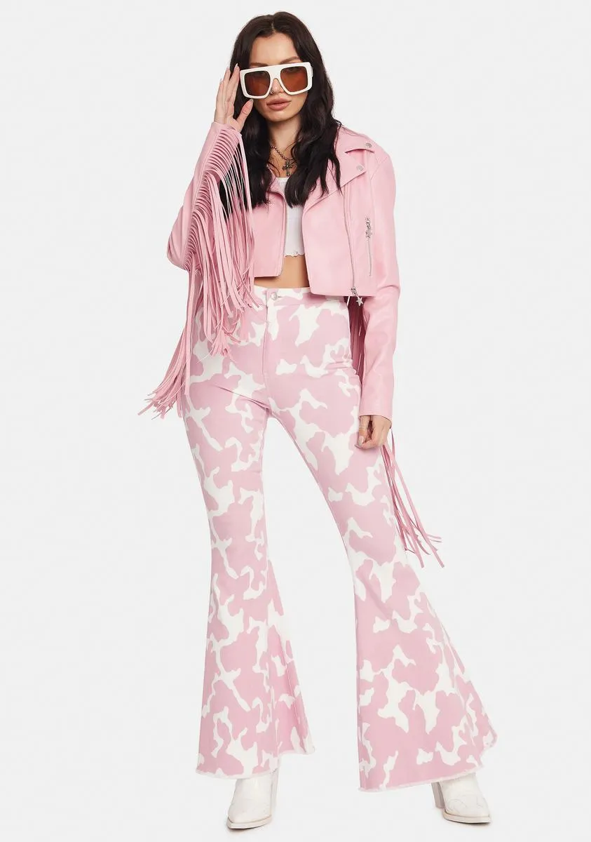 Blush Causal Cow Print Bell Bottom Pants