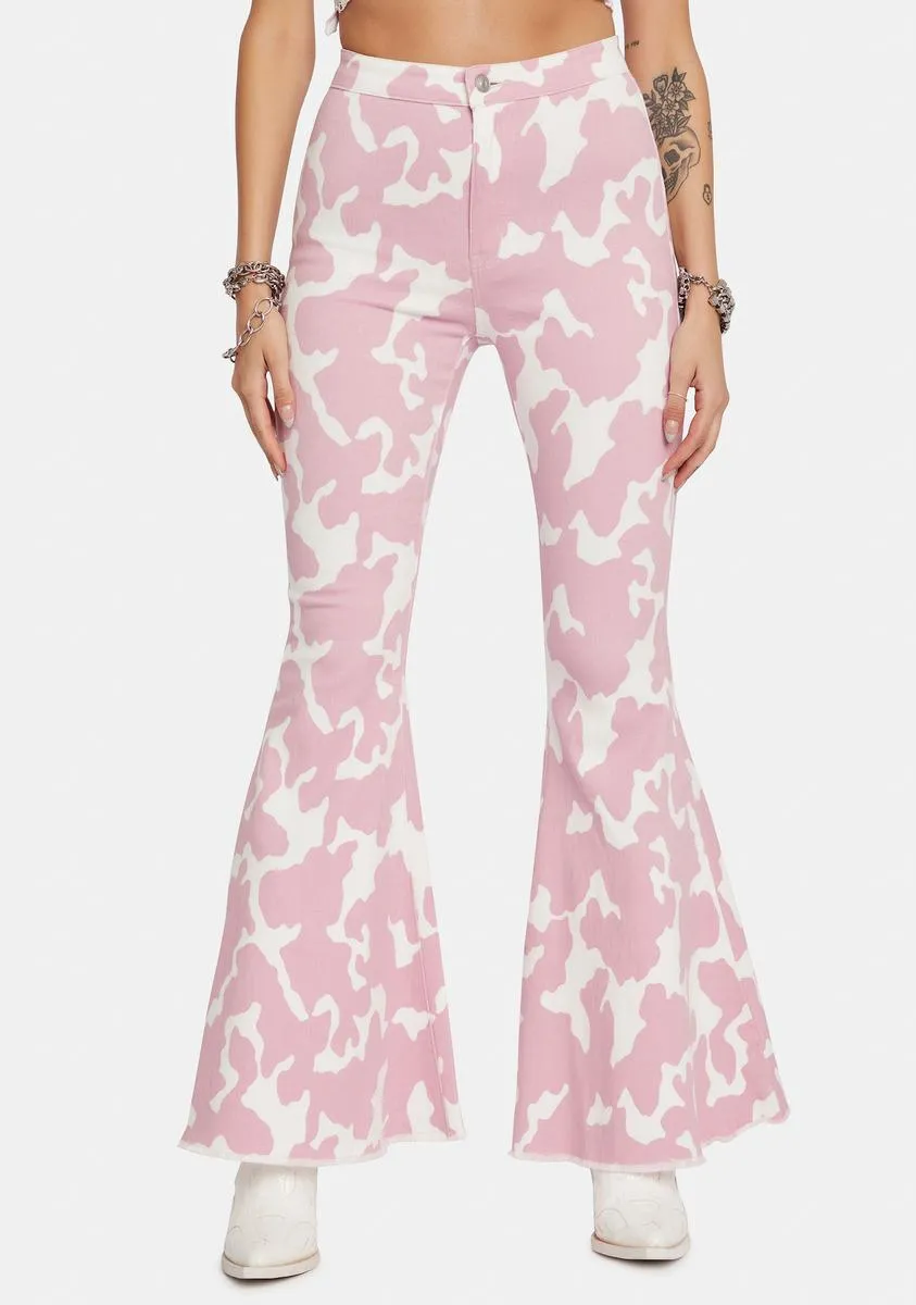 Blush Causal Cow Print Bell Bottom Pants