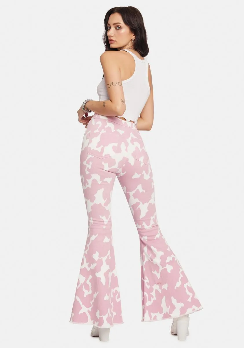 Blush Causal Cow Print Bell Bottom Pants