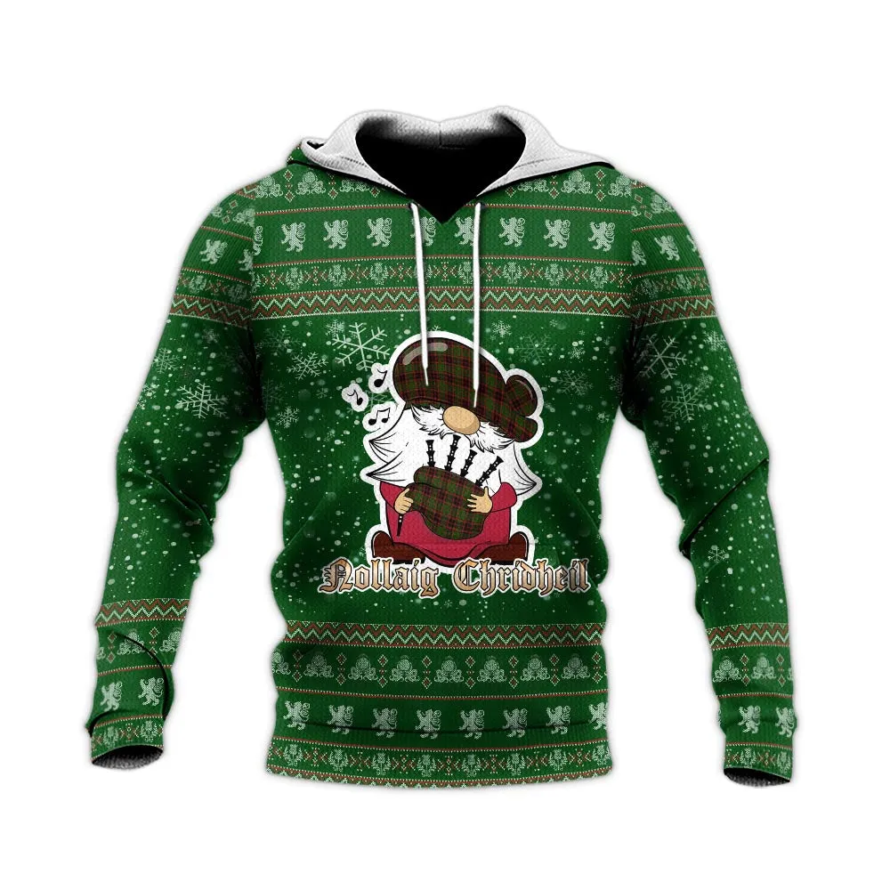 Buchan Clan Christmas Knitted Hoodie with Funny Gnome Playing Bagpipes