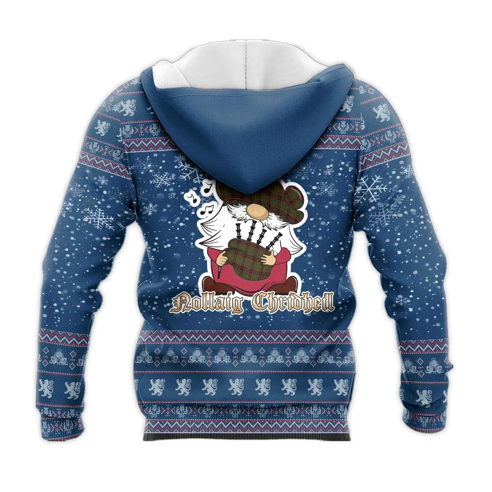 Buchan Clan Christmas Knitted Hoodie with Funny Gnome Playing Bagpipes