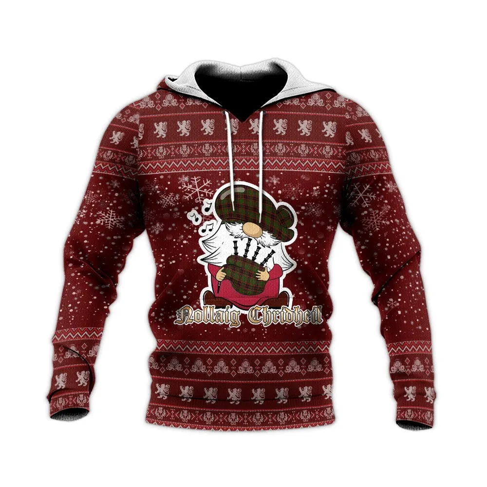 Buchan Clan Christmas Knitted Hoodie with Funny Gnome Playing Bagpipes