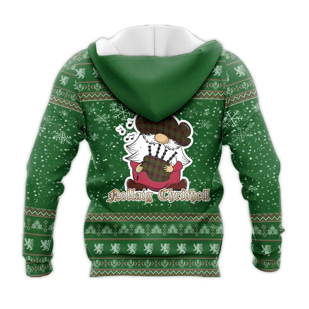 Buchan Clan Christmas Knitted Hoodie with Funny Gnome Playing Bagpipes