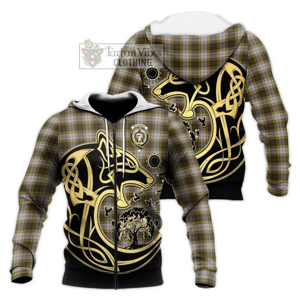 Buchanan Dress Tartan Knitted Hoodie with Family Crest Celtic Wolf Style