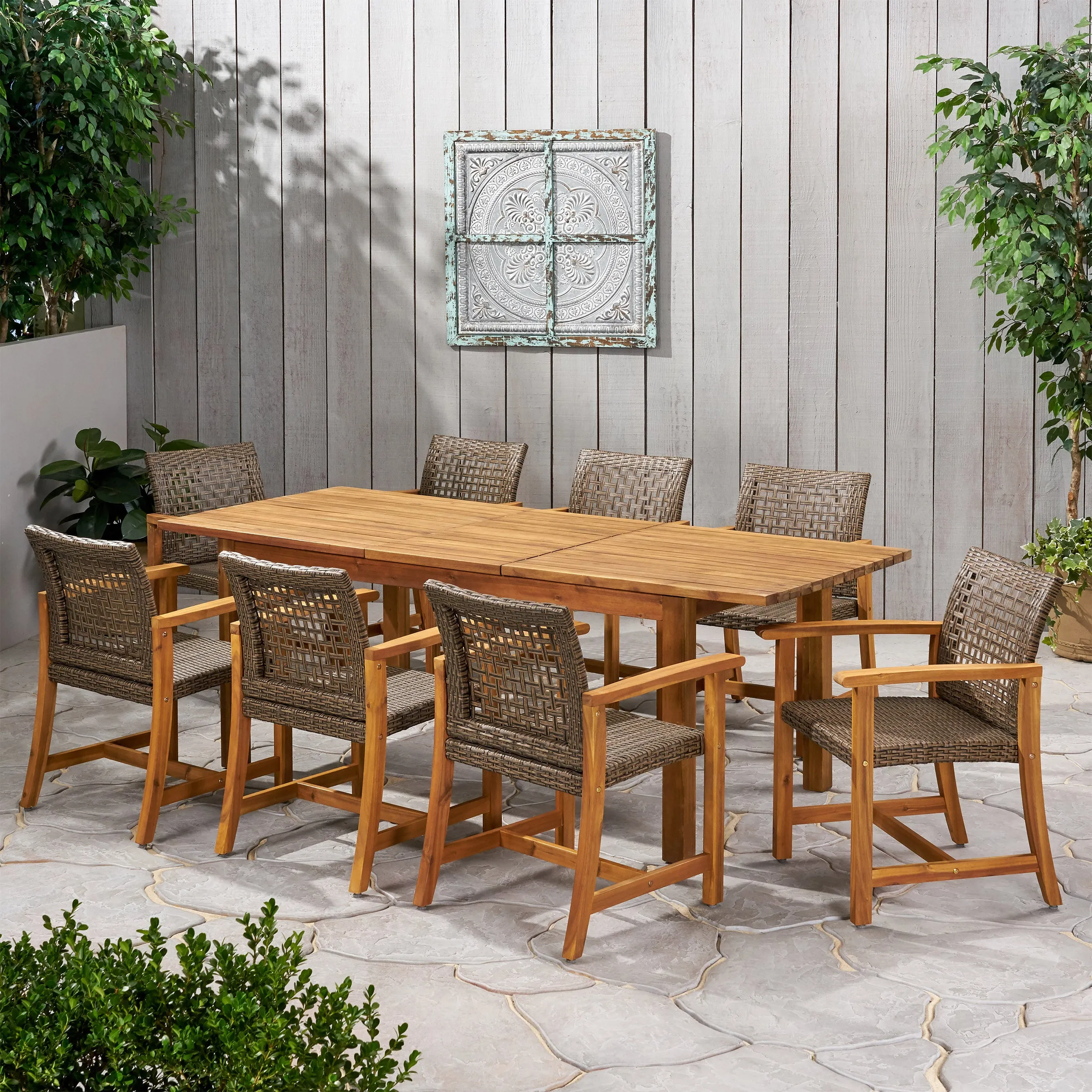 Chassidy Outdoor 8 Seater Acacia Wood Dining Set with Expandable Table