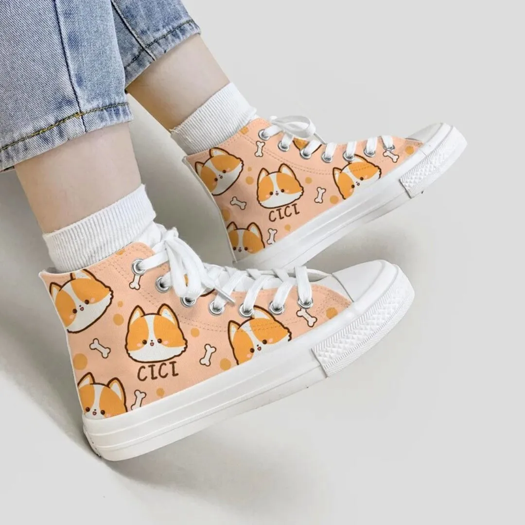 Cici the Corgi High Top Canvas Shoes - Unisex