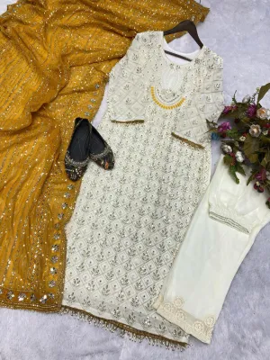 Cream Embroidered Heavy 7-Piece Suit Set with Tassel Details & Glass Dupatta