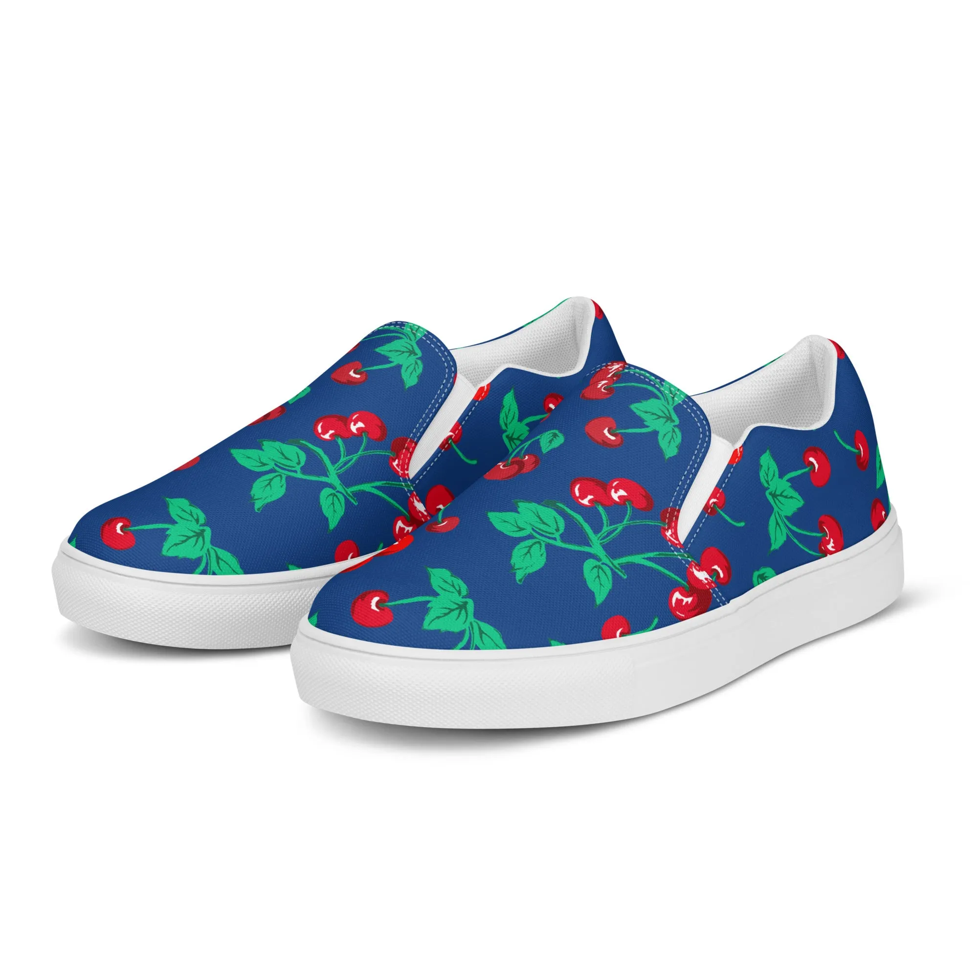 Dark Blue Cherry Girl Cherry Print Women’s Canvas Slip-On Deck Shoes | Pinup Couture Relaxed