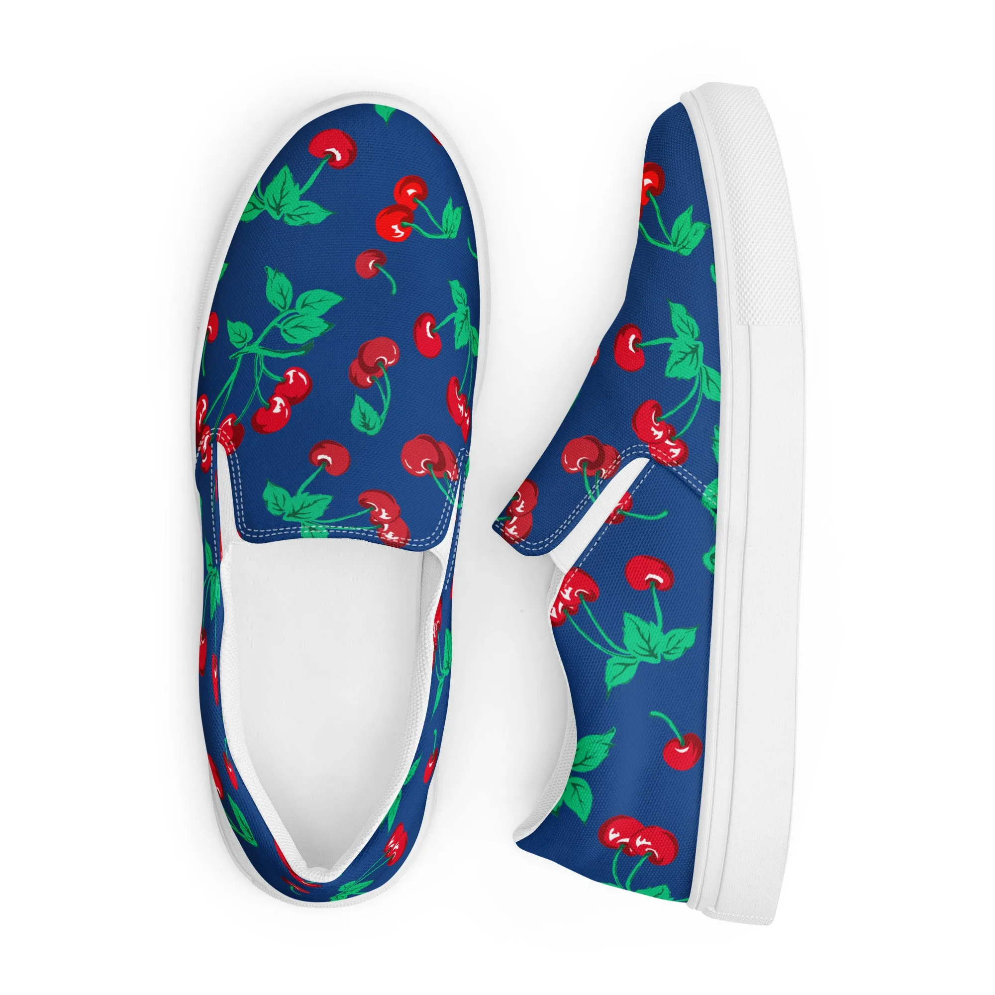 Dark Blue Cherry Girl Cherry Print Women’s Canvas Slip-On Deck Shoes | Pinup Couture Relaxed