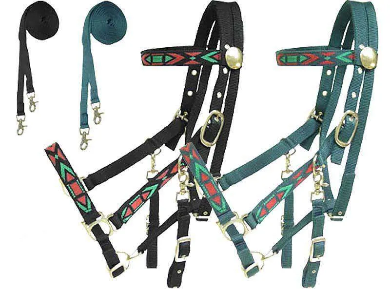 Derby Padded Nylon Halter Bridle Combo with Reins Aztec Overlay