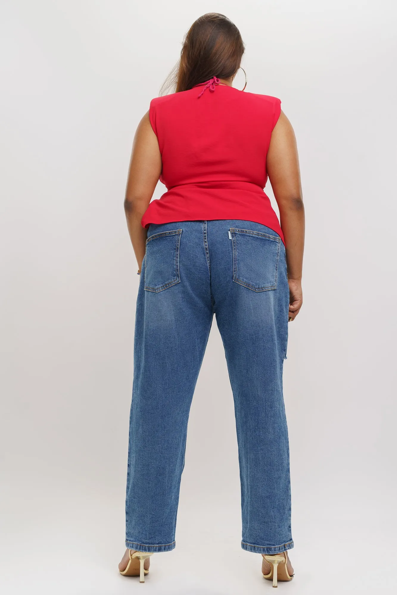 Elasticated Heavy Distresses Mom Jeans