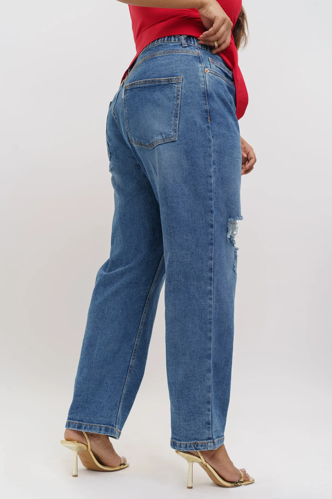 Elasticated Heavy Distresses Mom Jeans