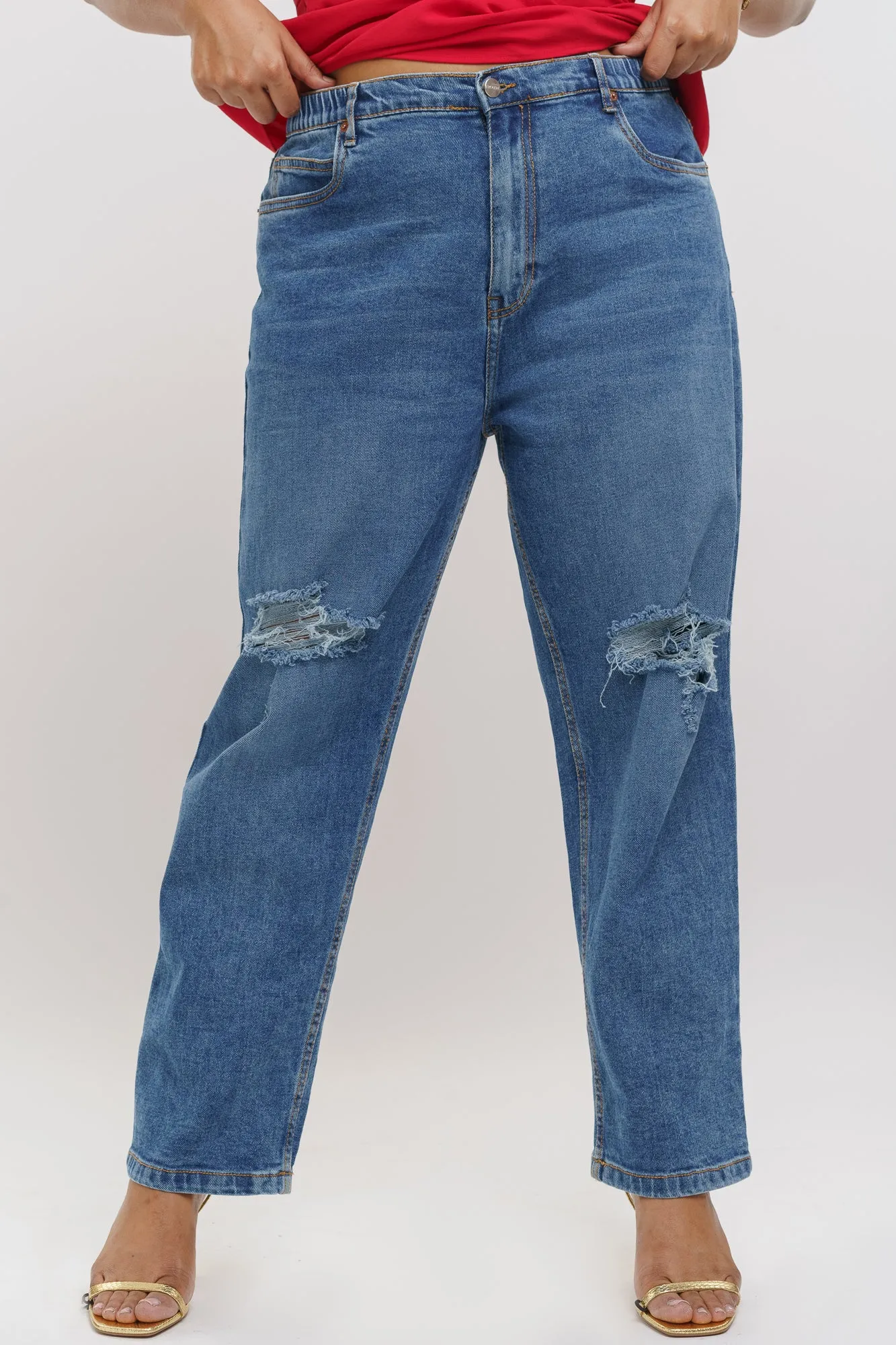 Elasticated Heavy Distresses Mom Jeans