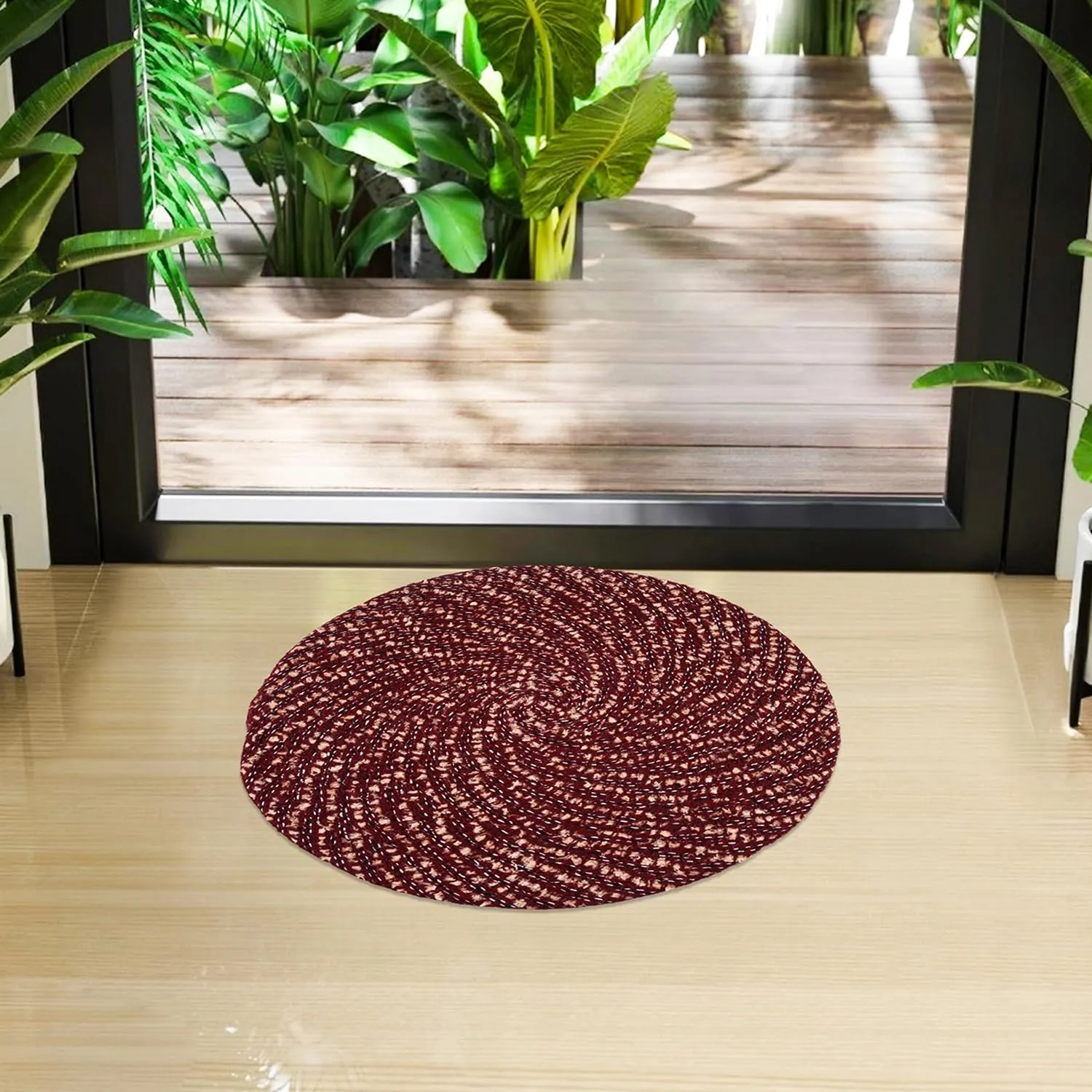 Heart Home Door Mat | Round Shape Feather Door Mat | Cotton Reversible Mat | Door Mat for Kitchen | Door Mat for Home | 16 Inch | Small | Maroon