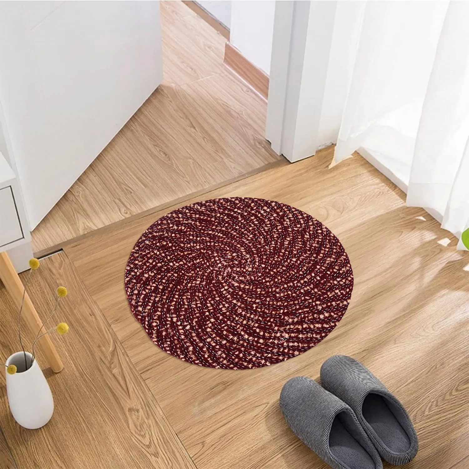 Heart Home Door Mat | Round Shape Feather Door Mat | Cotton Reversible Mat | Door Mat for Kitchen | Door Mat for Home | 16 Inch | Small | Maroon