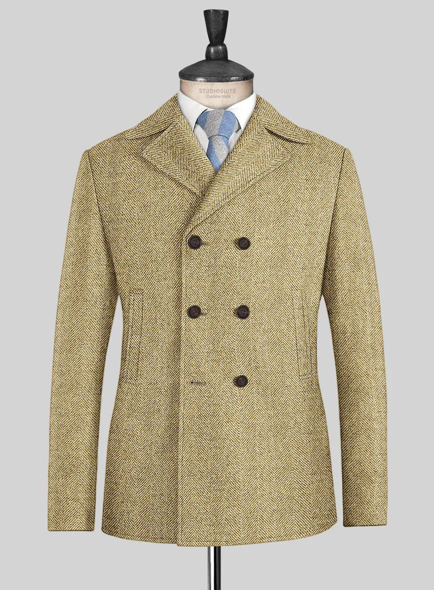 Highlander Heavy Beige Herringbone Tweed Pea Coat