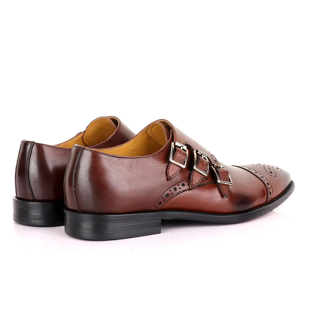 John Mendson 3 Buckle Strap Brown Leather Loafers