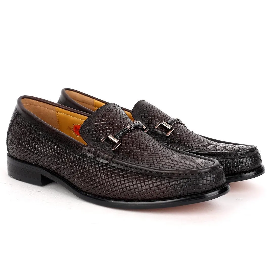 John Mendson Woven Designed Loafers With Black Metal Design- Coffee