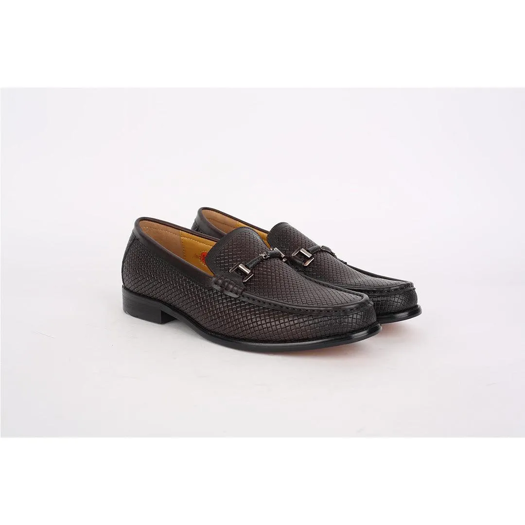 John Mendson Woven Designed Loafers With Black Metal Design- Coffee