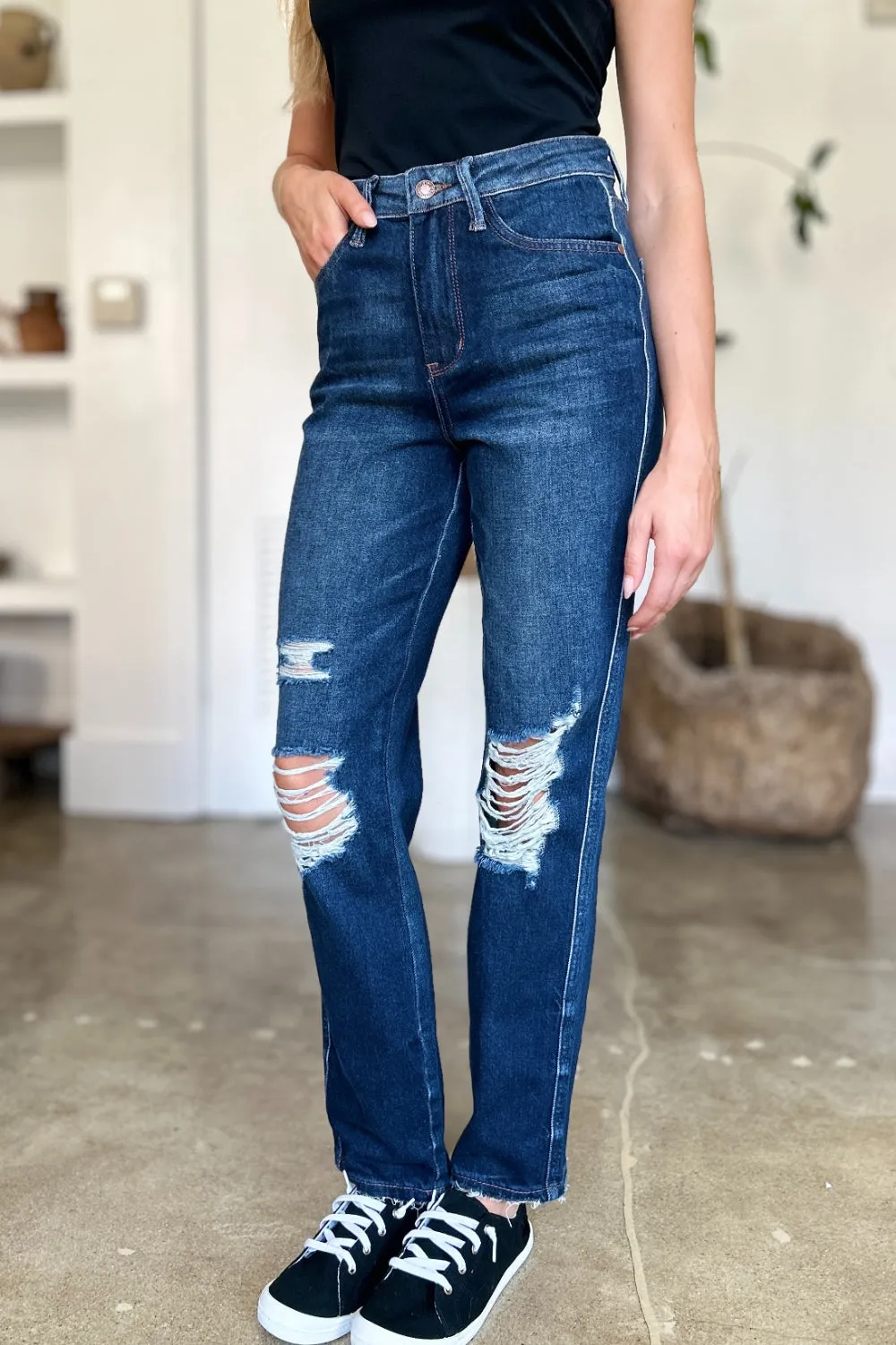 Judy Blue High Waist Rigid Magic Heavy Destroy Straight Jeans