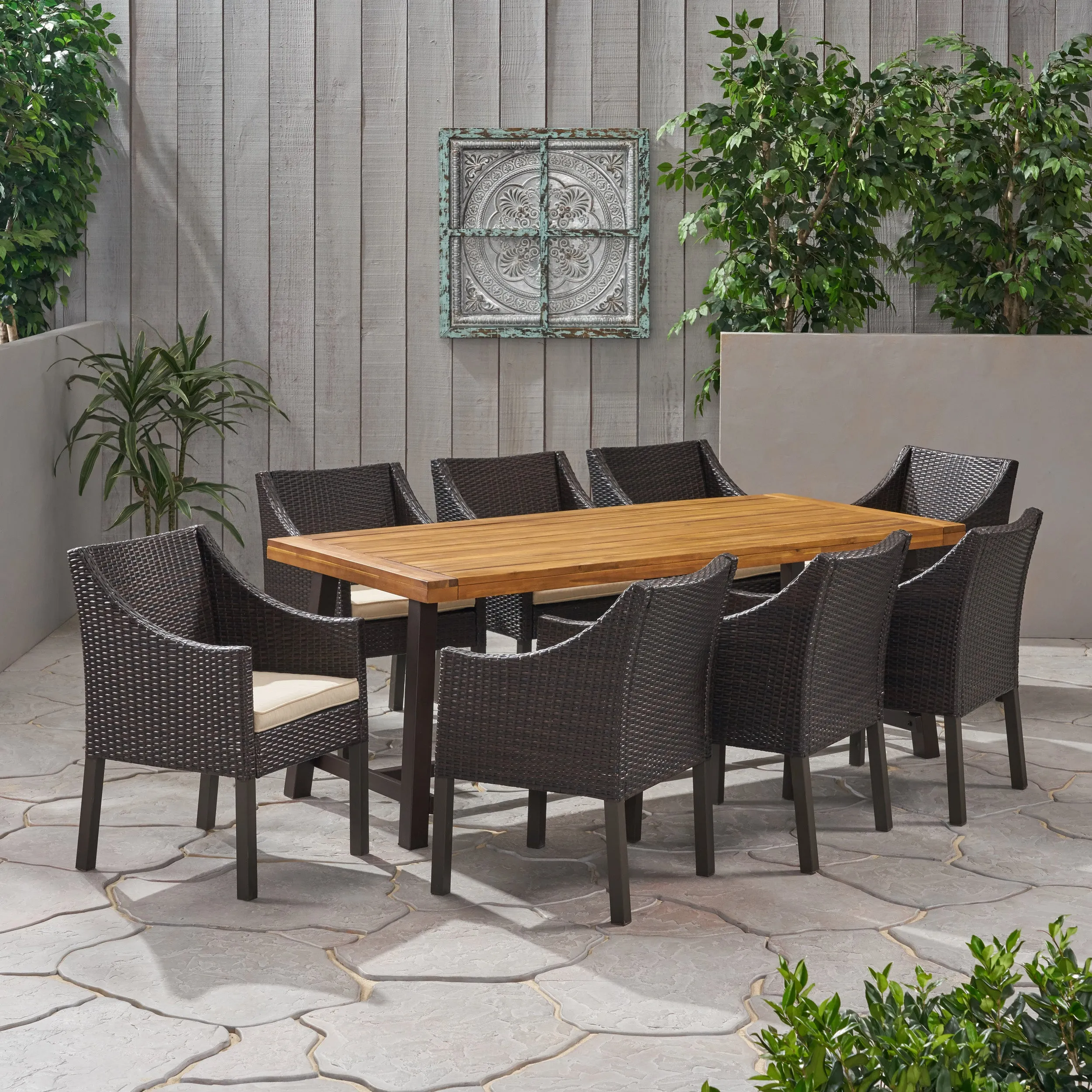 Khari Outdoor Wood and Wicker 8 Seater Dining Set