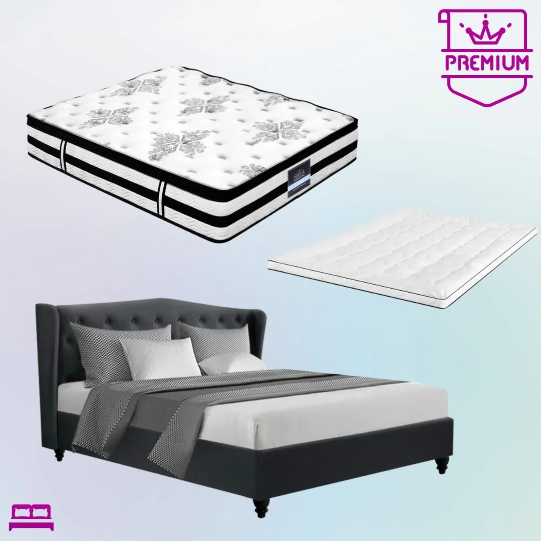 King Premium Package | Altona Bed Charcoal, Algarve Euro Top Mattress (Medium Firm) & Deluxe Mattress Topper!