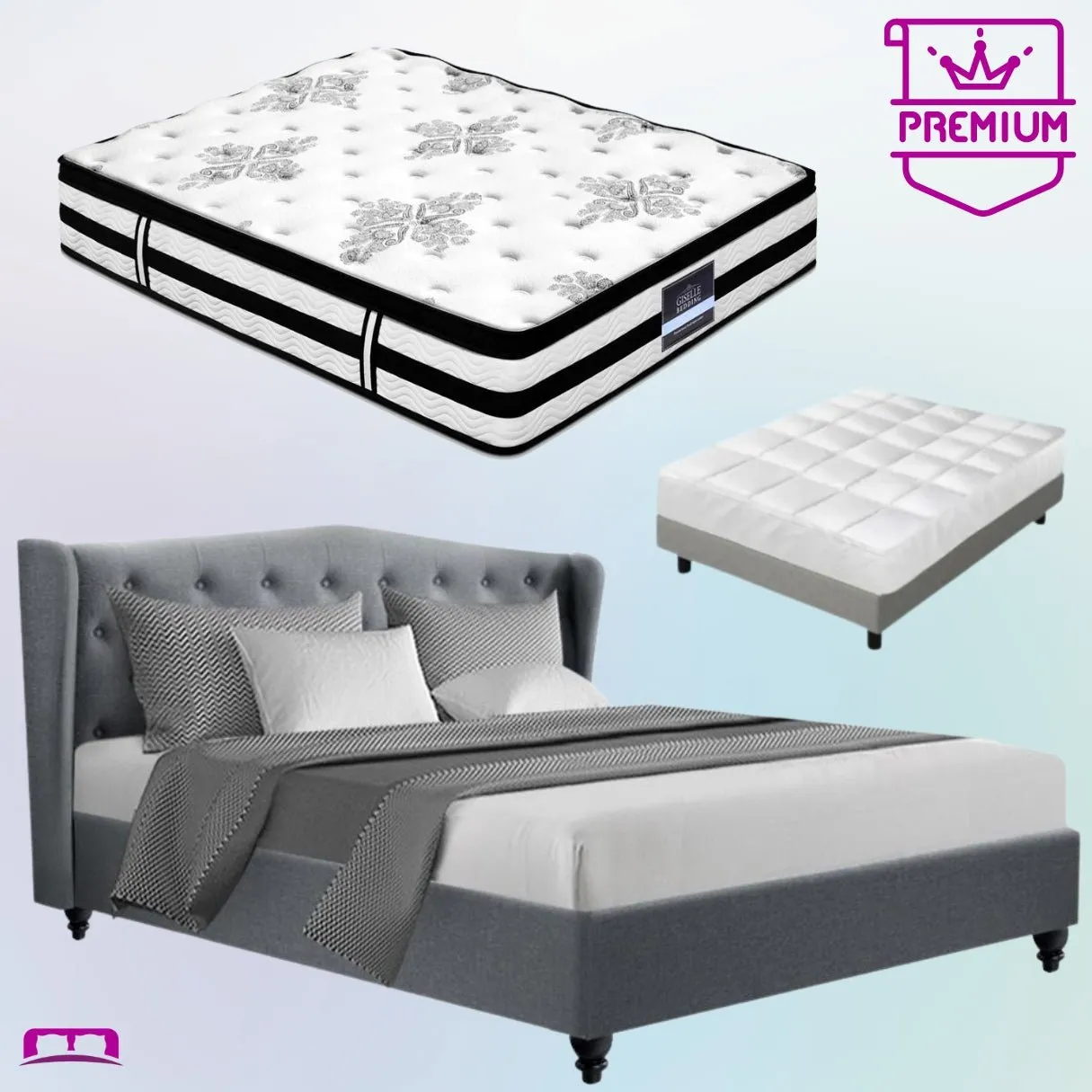 King Premium Package | Altona Bed Grey, Algarve Euro Top Mattress (Medium Firm) & Bamboo Mattress Topper!