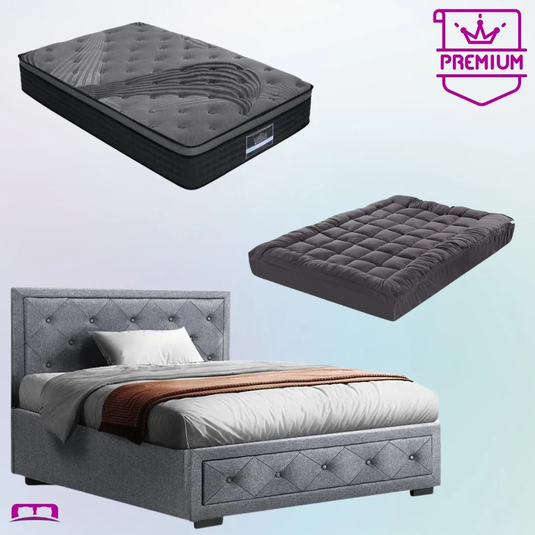 King Single Premium Package | Bronte Storage Bed Frame Grey, Alanya Euro Top Pocket Spring Mattress (Medium Firm) & Pillowtop Mattress Topper