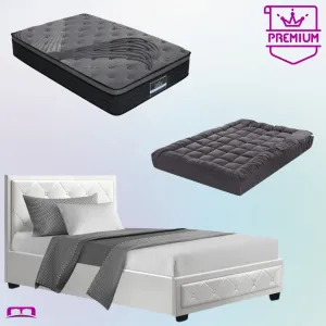 King Single Premium Package | Bronte Storage Bed Frame White, Alanya Euro Top Pocket Spring Mattress (Medium Firm) & Pillowtop Mattress Topper